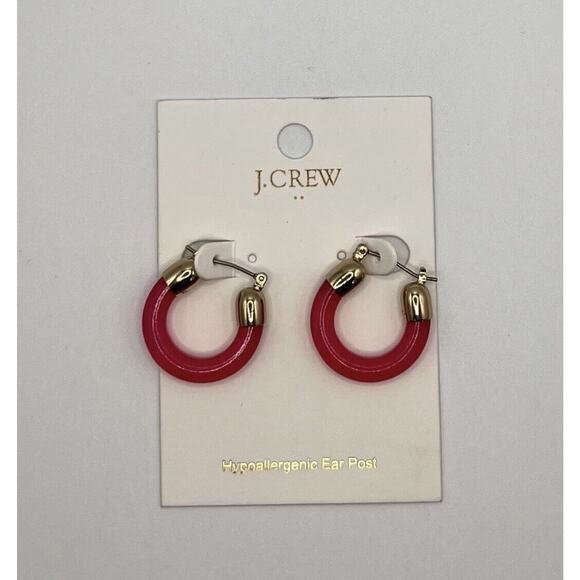 J. Crew Solid-color Neon Hot Pink Gold Tone Acrylic Hoop Earrings New - Picture 7 of 7